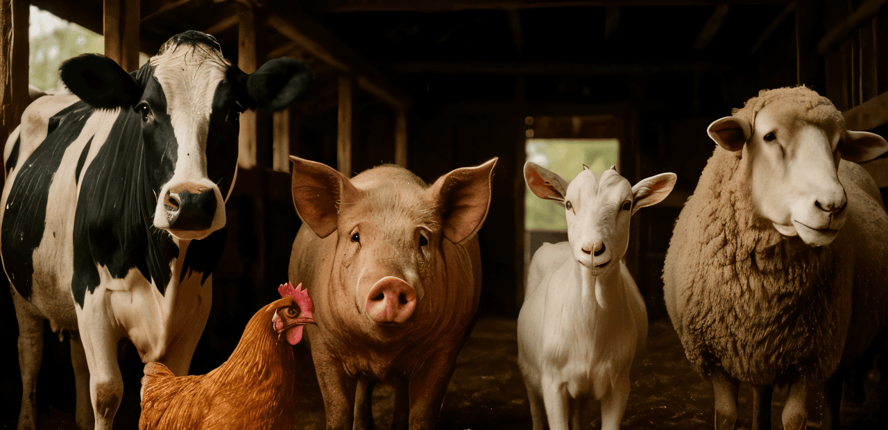 Happy farm animals in the field